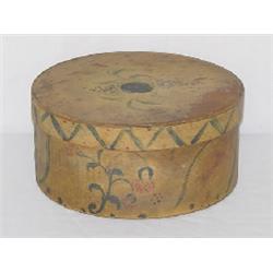 8" ROUND PANTRY BOX IN MUSTARD PAINT & DECORATED W/ PAINTED FLOWERS