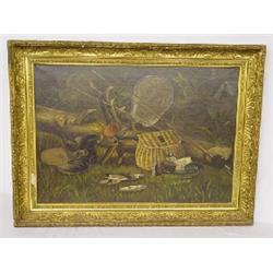 19TH CENT. OIL ON CANVAS OF SPORTSMAN FISHING CAMP UNSIGNED (28" X 40")