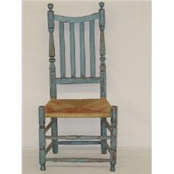 18TH CENT. CONN. STYLE BANNISTER BACK SIDE CHAIR IN BLUE PAINT