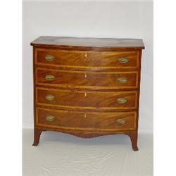 HEPPLEWHITE BOWFRONT INLAID 4 DRAWER CHEST W/ FRENCH FEET & OVAL BRASSES