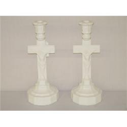 PR. 13" SANDWICH MILK GLASS CRUCIFIX CANDLESTICKS
