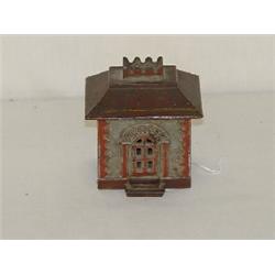 3 1/2" CAST IRON BANK BUILDING BANK - CROWN BANK, GREY W/ RED TRIM & ROOF