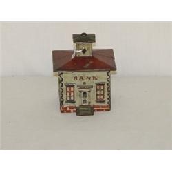 4 1/4" CAST IRON CUPOLA BANK BUILDING STILL BANK - GREY W/ RED TRIM & ROOF