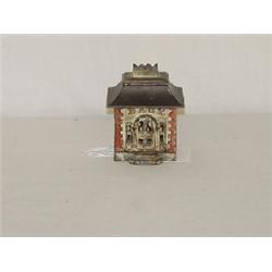 3" CAST IRON BANK BUILDING STILL BANK W/ CROWN ROOF - WHITE W/ RED TRIM