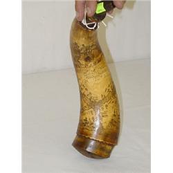 14 1/2" NY STATE CARVED & SCRIMMED MAP POWDER HORN SIGNED G.R. PENT 1774 A.D. (EXQUISITE DETAILING)