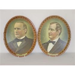 (2) 16" OVAL TIN LITHOGRAPH TRAYS DEPICTING W. MCKINLEY & H.J. BRYAN