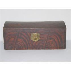 NEW ENGLAND RED & BLACK GRAIN PAINTED DOME TOP TRUNK W/ LION ESCUTCHEON & MANCHESTER NH LABEL