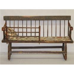 19TH CENT. PAINT DECORATED MAMMY'S ROCKING BENCH W/ QUILTED PAD & PILLOW