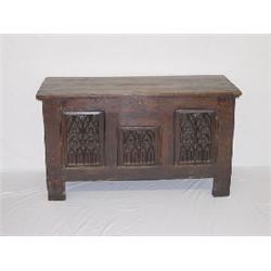 18TH CENT. ENGLISH OAK COFFER W/ LINEN FOLD & GOTHIC CARVINGS