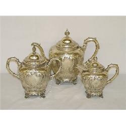 3 PC. AMERICAN COIN SILVER TEA SET MARKED WOOD & HUGHS NY 1850'S