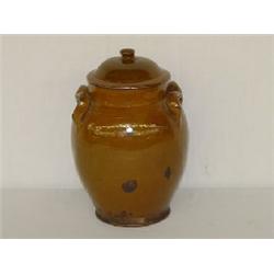 10" REDWARE COVERED JAR W/ APPLIED HANDLES