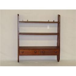 19TH CENT. 2 DRAWER WHALE END WALL SHELF W/ RED STAIN