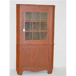 19TH CENT. NEW ENGLAND 2 PC. PAINTED PINE CORNER CUPBOARD W/ 9 PANE GLASS TOP OVER SINGLE LOWER DOOR