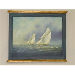 OIL ON CANVAS TITLED AMERICAS CUP YACHT RACING "PASSING THE SANDY HOOK LIGHT SHIP" SIGNED FREDERICK 