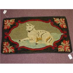 19TH CENT. HOOKED RUG - E. FROST PATTERN W. RECUMBENT LAMB (23" X 39")