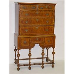 18TH CENT. MA WILLIAM & MARY WALNUT HIGHBOY W/ BURL WALNUT VENEERS & INLAY (FAMILY PROVENANCE STATES