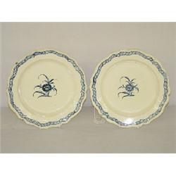 PR. 9 1/2" DECORATED CREAMWARE PLATES W/ BLUE TRIM & FLORAL CENTER