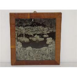 FRAMED REVERSE ON GLASS W/ 3 IRON CLAD SHIPS INCLUDING THE MONITOR (8" X 8")