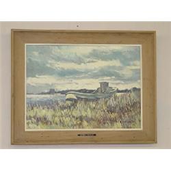 OIL ON ARTIST BOARD COASTAL LANDSCAPE - HARBOR SCENE SIGNED JOHN GNATEK (14" X 20")