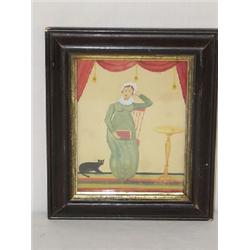 FOLKY WATER ON PAPER OF LADY SEATED W/ CURTAINS, CANDLESTAND & BLACK CAT (6 3/4" X 5 1/2")