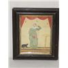 Image 1 : FOLKY WATER ON PAPER OF LADY SEATED W/ CURTAINS, CANDLESTAND & BLACK CAT (6 3/4" X 5 1/2")