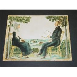 FANTASTIC AMERICAN WATERCOLOR ON PAPER CARD OF LADY & GENTLEMAN SEATED IN SHERATON FANCY CHAIRS READ