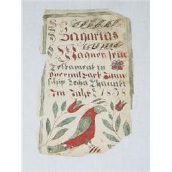 SMALL EARLY 19TH CENT. PA FRACTUR - PA GERMAN-DUTCH DECORATED W/ BIRD & TULIPS DATED 1838 - FOUND IN