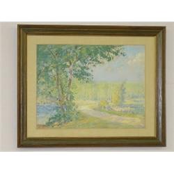 PASTEL WOODLAND SCENE - ATTRIBUTED TO F. MORTIMER LAMB (UNSIGNED 18 " X 23 1/2" SIGHT SIZE)