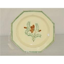 8 3/4" DECORATED CREAMWARE PLATE W/ GREEN TRIM & FLORAL CENTER