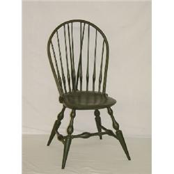 WALLACE NUTTING BRACEBACK BOWBACK WINDSOR CHAIR IN GREEN PAINT W/ LABEL & BRANDED MARK