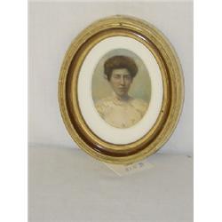 3 1/4" MINIATURE FRAMED OVAL WATERCOLOR OF YOUNG LADY W/ EXHIBITION LABEL STATING DONE BY WILLIAM KA