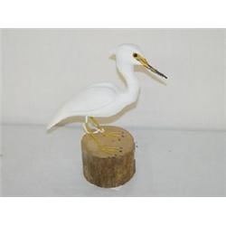 WOODEN CARVED & PAINTED WHITE HERON SIGNED HERB DAISEY JR. CHINCOTEGUE (?) VA