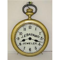 26" IRON JEWELERS POCKET WATCH LIGHTED TRADE SIGN - J.E. BARNARD JEWELER PAINTED ON GLASS WATCH FACE