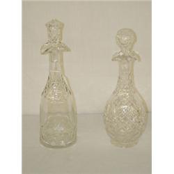 (2) EARLY CLEAR BLOWN CUT DECANTERS W/ STOPPERS