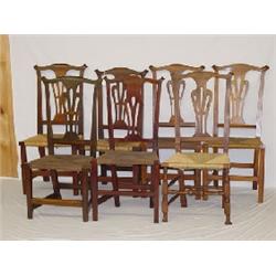 ASSEMBLED SET OF (7) SIMILAR 18TH CENT. CHIPPENDALE CHAIRS W/ RUSH SEATS