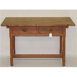 18TH CENT. 2 DRAWER TAVERN TABLE W/ H STRETCHER & SCRUB TOP IN OLD RED PAINT