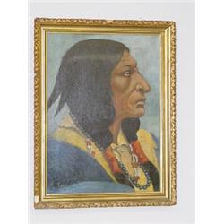 LATE 19TH-EARLY 20TH CENT. OIL ON CANVAS OF CHIEF SPOTTED TAIL (SIOUX) SIGNED G.L (19 1/2" X 14 1/2"