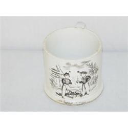 2 5/8" STAFFORDSHIRE TRANSFERWARE CHILD MUG W/ BOY SOLDIERS & CANNON