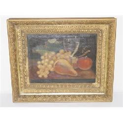 19TH CENT. OIL ON CANVAS STILL LIFE W/ FRUIT UNSIGNED (8 1/2" X 11")