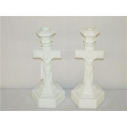9 3/4" MILKGLASS FLINT CANDLESTICK W/ CRUCIFIX BY MCKEE & CO.