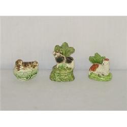(2) EARLY SMALL STAFFORDSHIRE LAMB FIGURES TOGETHER W/ SMALL BIRD ON NEST