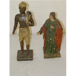 (2) EARLY SPANISH PAINTED PAPIER MACHE STATUS FIGURES- RELIGIOUS FIGURE & BLACK MAN W/ HOE