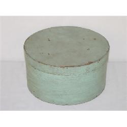 9 3/4" ROUND WOODEN PANTRY BOX W/ OLD AQUA GREEN PAINT