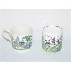 LOT (2) CHILDRENS STAFFORDSHIRE MUGS - BOY W/ HOOP & KING OF THE CASTLE (HANDLES REPAIRED)
