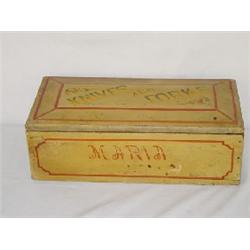 19TH CENT. PAINT DECORATED FLAT TOPBOX STENCILED KNIVES & FORKS - MARIA OVER MUSTARD PAINT