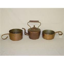 3 PCS. EARLY COPPER COOKWARE - KETTLE & 2 POTS