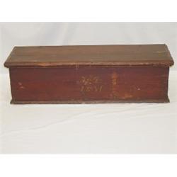 SMALL DOVETAILED BLANKET BOX IN OLD RED PAINT MARKED T.E.D. - 1831