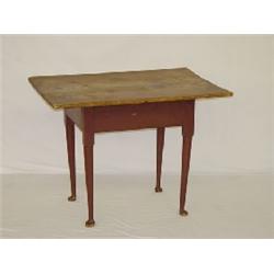 18TH CENT. NEW ENGLAND QUEEN ANNE TAVERN TABLE W/SCRUB TOP & RED PAINTED BASE