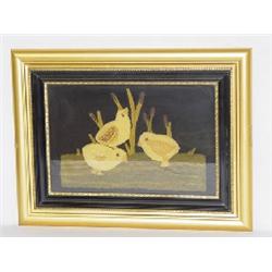 FRAMED YARNWORK EMBROIDERY OF 3 CHICKS (10" X 14 1/2")