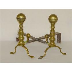 EARLY 19TH CENT. BRASS BALL TOP ANDIRONS